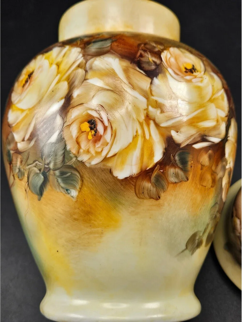 Vintage Hand Painted Yellow Rose Ginger Jar Signed Suzete 11